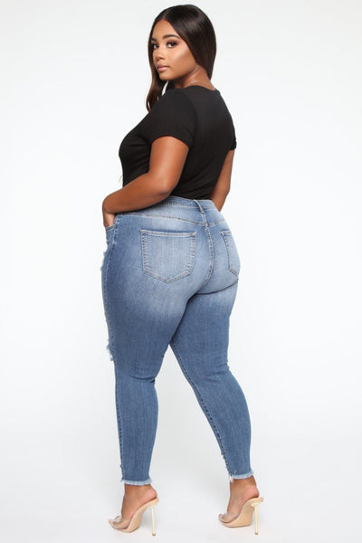 Curvy Women Stretch Ripped Jeans - Plus Size High Waist Street Style Pants - Blue - Women's Jeans - Carvan Mart