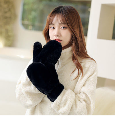 Plush Thickened Warm Plush Gloves Finger Cute Simple White Gloves - Plush Fat Black - Women Gloves & Mittens - Carvan Mart