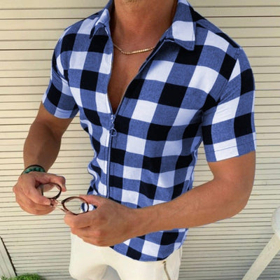 Plaid T Shirt Mens Zipper Short Sleeve Shirts Summer Men Clothing - Carvan Mart