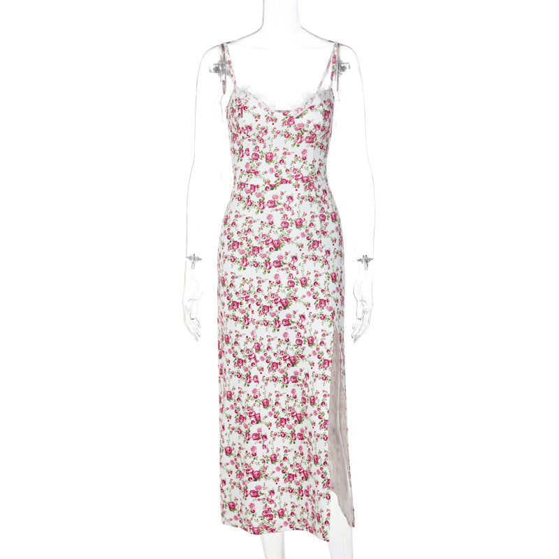 Women's Summer Dress Lace Flowers Print Long Dress Slit Suspender Dress