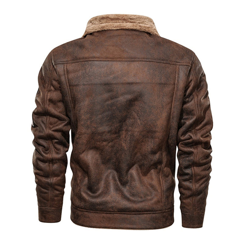 Winter Men Turn-down Collar Leather Jacket Outwear Warm Pilot Windbreak - Carvan Mart