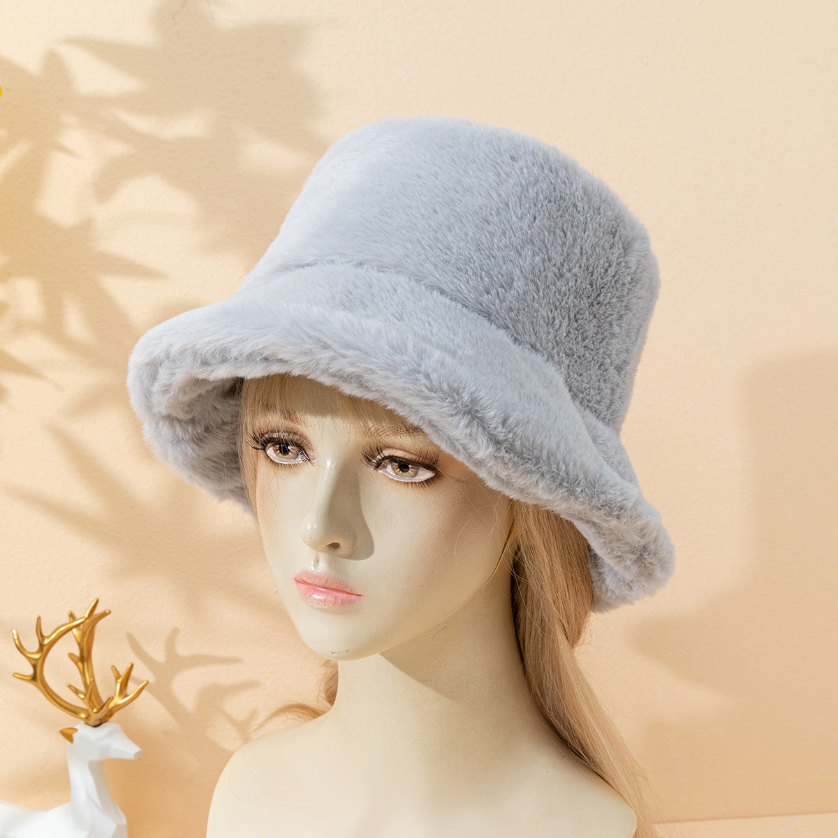 Thickened Plush And Minimalist Imitation Rabbit Hair Basin And Sweet Female Bucket Hat - Gray M - Women's Hats & Caps - Carvan Mart