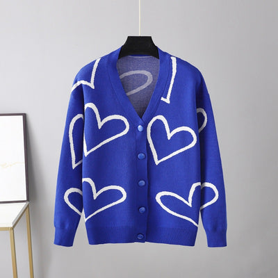 Knitwear Sweater Love Short Cardigan - Loose Fit Button-Up Cardigan for Women - Blue Free Size - Sweaters - Carvan Mart