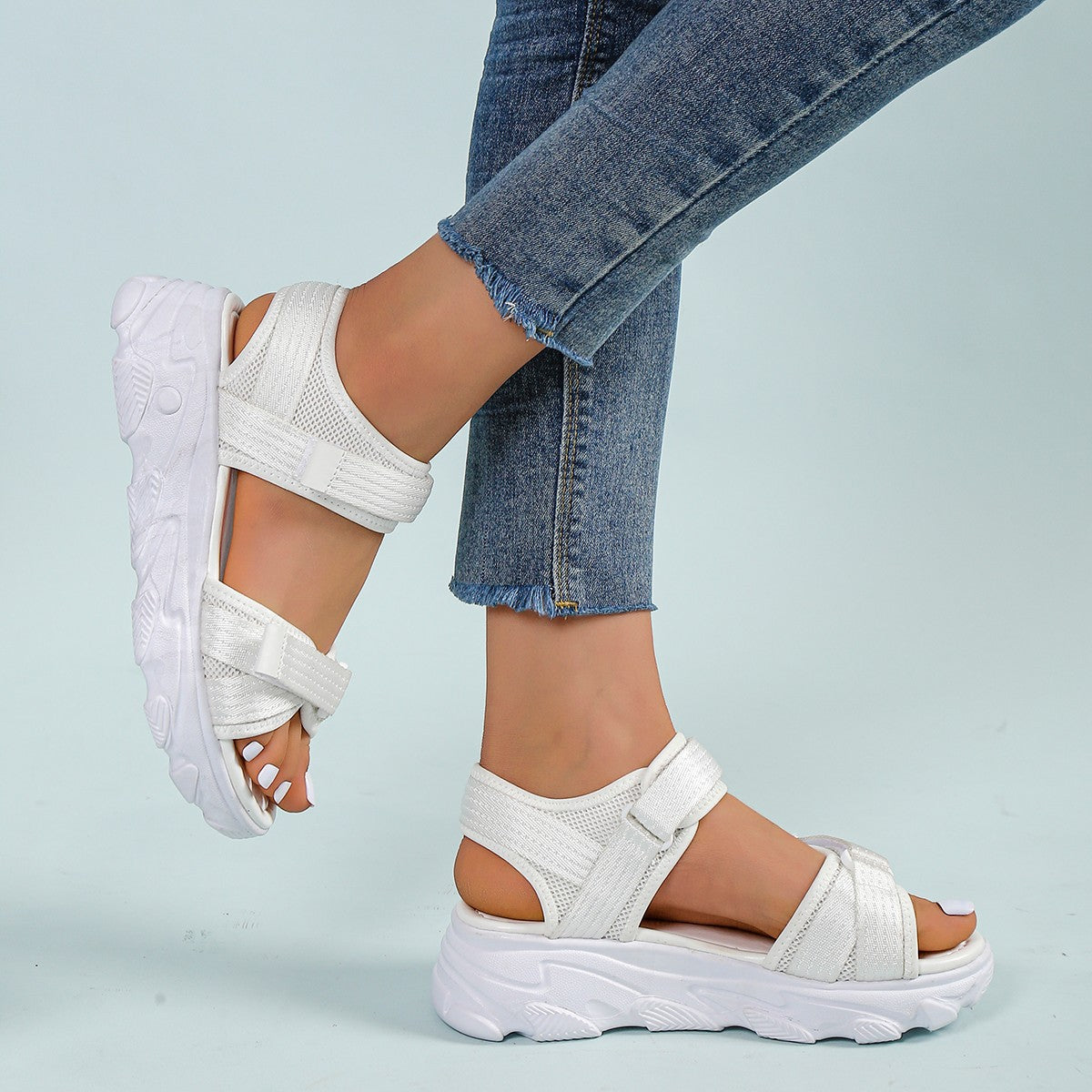 Women's Platform Round Toe Peep Toe Velcro Casual Sandals - Carvan Mart