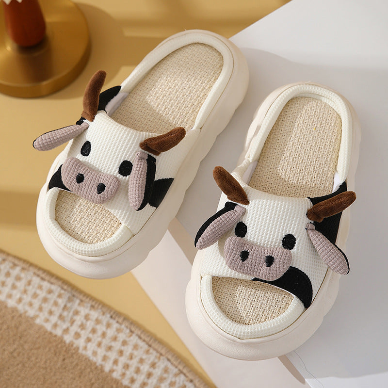 Cute Cartoon Cow Frog Slippers Linen Non-slip Shoes Indoor Garden Home Slippers - Cows - Women's Slippers - Carvan Mart