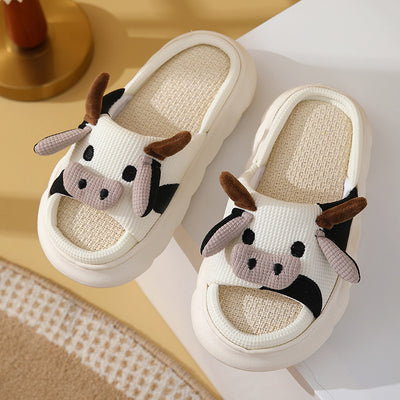 Cute Cartoon Cow Frog Slippers Linen Non-slip Shoes Indoor Garden Home Slippers - Carvan Mart