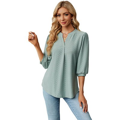 Solid Color Lace Collar Jacquard Long Sleeve Loose-fitting T-shirt Top - Bean Green - Tops & Tees - Carvan Mart