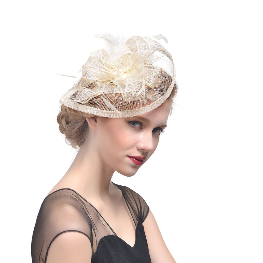 Fascinator Hat Hemp Yarn Banquet Net Top Hat Bridal Feather Hat - Beige - Women's Hats & Caps - Carvan Mart