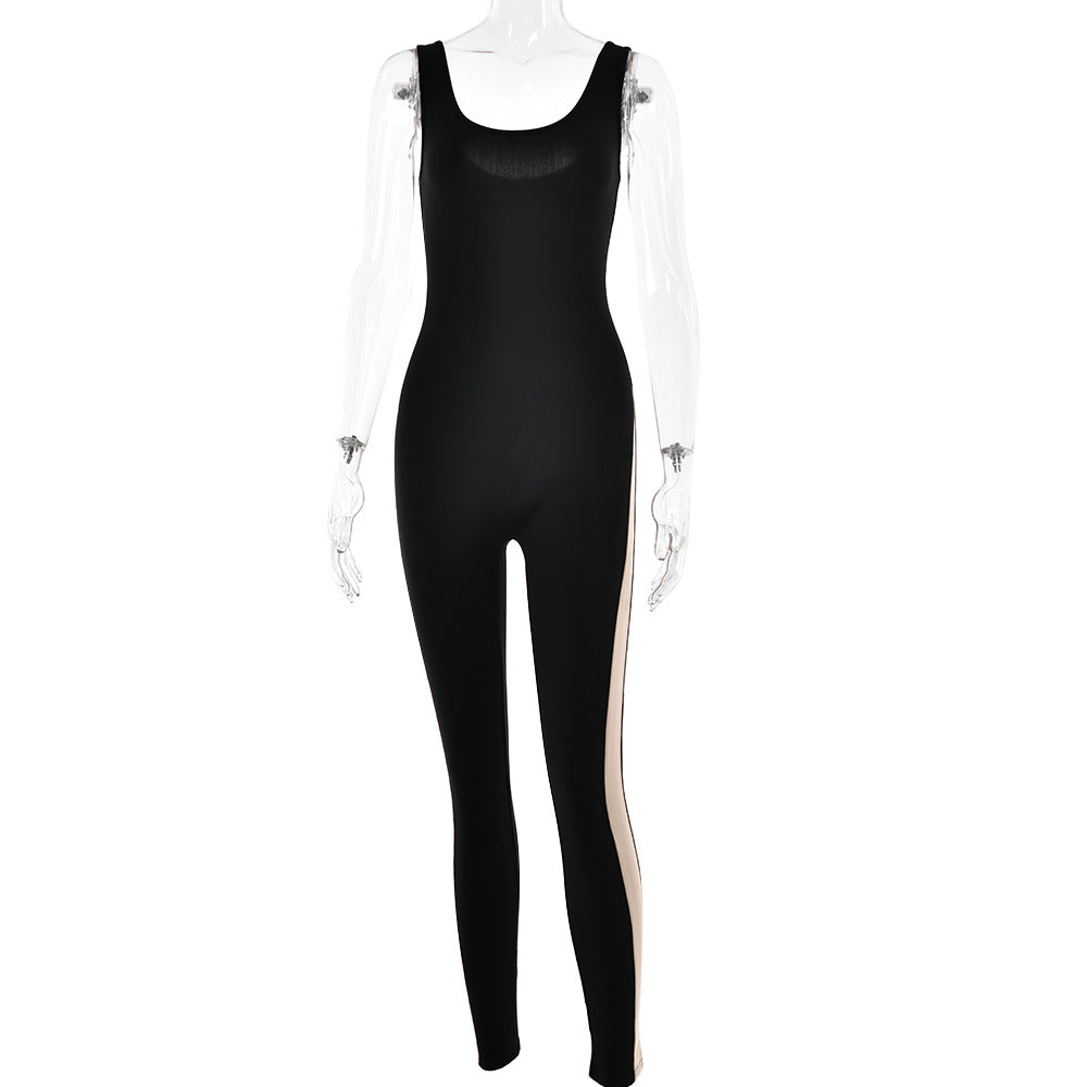 Women's Sleek Bodysuit Jumpsuit - Black with Contrast Side Stripes - Carvan Mart