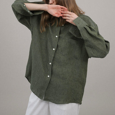 Pure Linen Shirt Turn-down Collar Coat Women - Army Green - Women's Linen - Carvan Mart