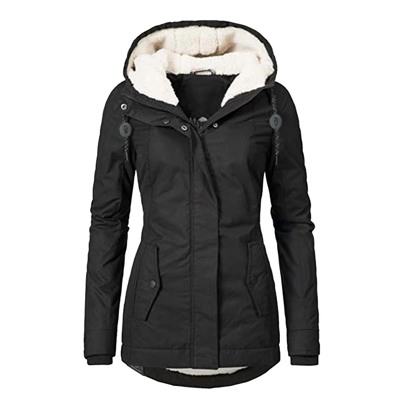 Mid-Length Hooded Cotton-Padded Jacket Women's Loose Coat - Black Cap String Clip - Women's Coats & Jackets - Carvan Mart