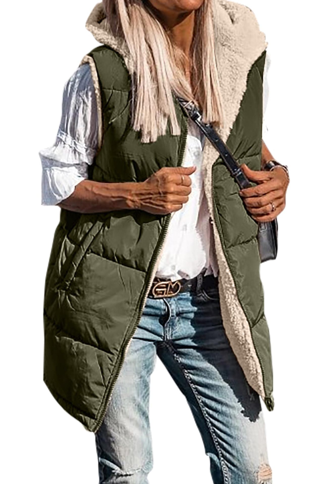 European And American Solid Color Hooded Cotton Jacket Vest Double-sided Wear Slim Elegant Cardigan Coat - Army Green - Women's Coats & Jackets - Carvan Mart