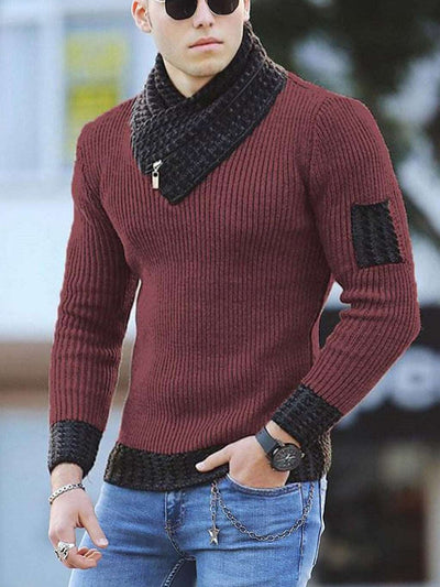 Casual Slim Knit Pullover Long Sleeve Scarf Collar Sweater Men's - Red - Men's Sweaters - Carvan Mart
