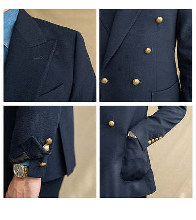 Breathable Seersucker Half-lined Non-iron Double-breasted Jacket - Carvan Mart