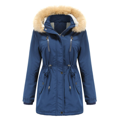 Hooded Women's Leather Parka Coat Lamb Velvet Cotton Padded Jacket - Navy Blue - Leather & Suede - Carvan Mart