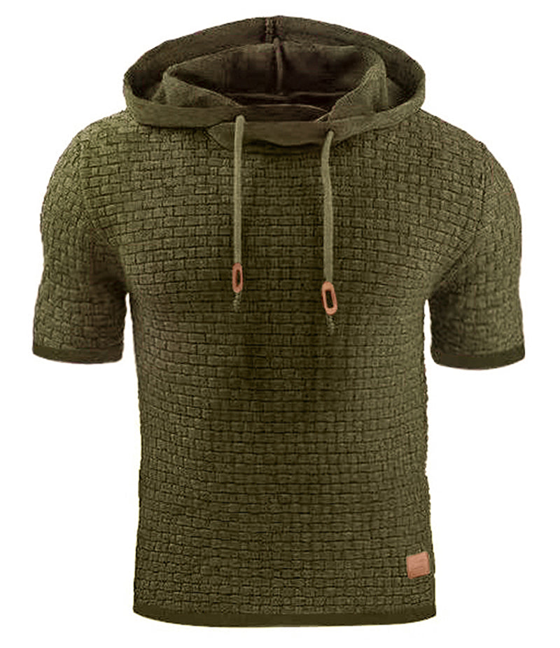 Mens Hooded Sweatshirt Short Sleeve Solid Knitted Hoodie Pullover Sweater - Carvan Mart