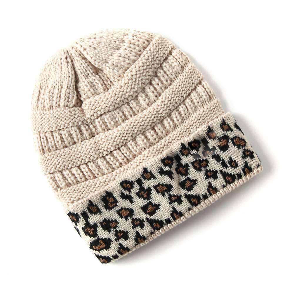 Beanie Women's Warm Leopard Print Knitted Hat - Beige One Size - Women's Hats & Caps - Carvan Mart