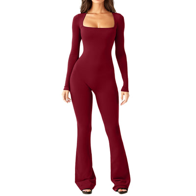 Women's Fashion Casual Long Sleeve Belly-contracting Jumpsuit - Wine Red - Jumpsuits & Rompers - Carvan Mart