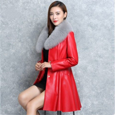 Women's Faux Fox Fur Collar Coat Leather Parka Coat - Red - Leather & Suede - Carvan Mart