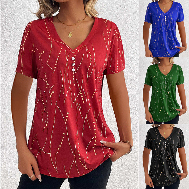 V-neck Button T-shirt Women's Summer Fashion Leisure Short-sleeve Top - Carvan Mart