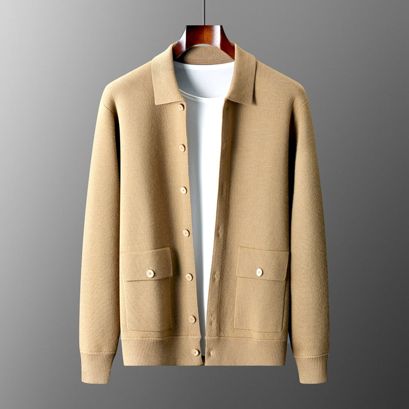 Men's Polo Collar Solid Color Wool Cardigan Autumn Winter Retro Pocket Thick Coat - Carvan Mart