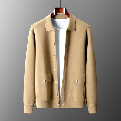 Men's Polo Collar Solid Color Wool Cardigan Autumn Winter Retro Pocket Thick Coat - Carvan Mart