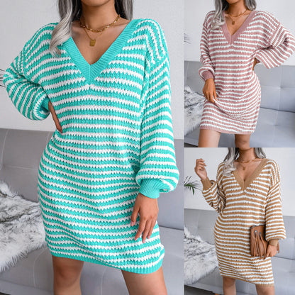 Ins Striped Sweater Dress V-neck Long Sleeve Dress Women - Carvan Mart Ltd