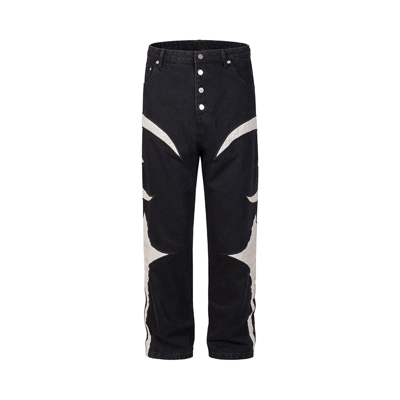 Trendy Brand Patchwork Leather Contrasting Color Casual Loose Pants - Black - Men's Jeans - Carvan Mart
