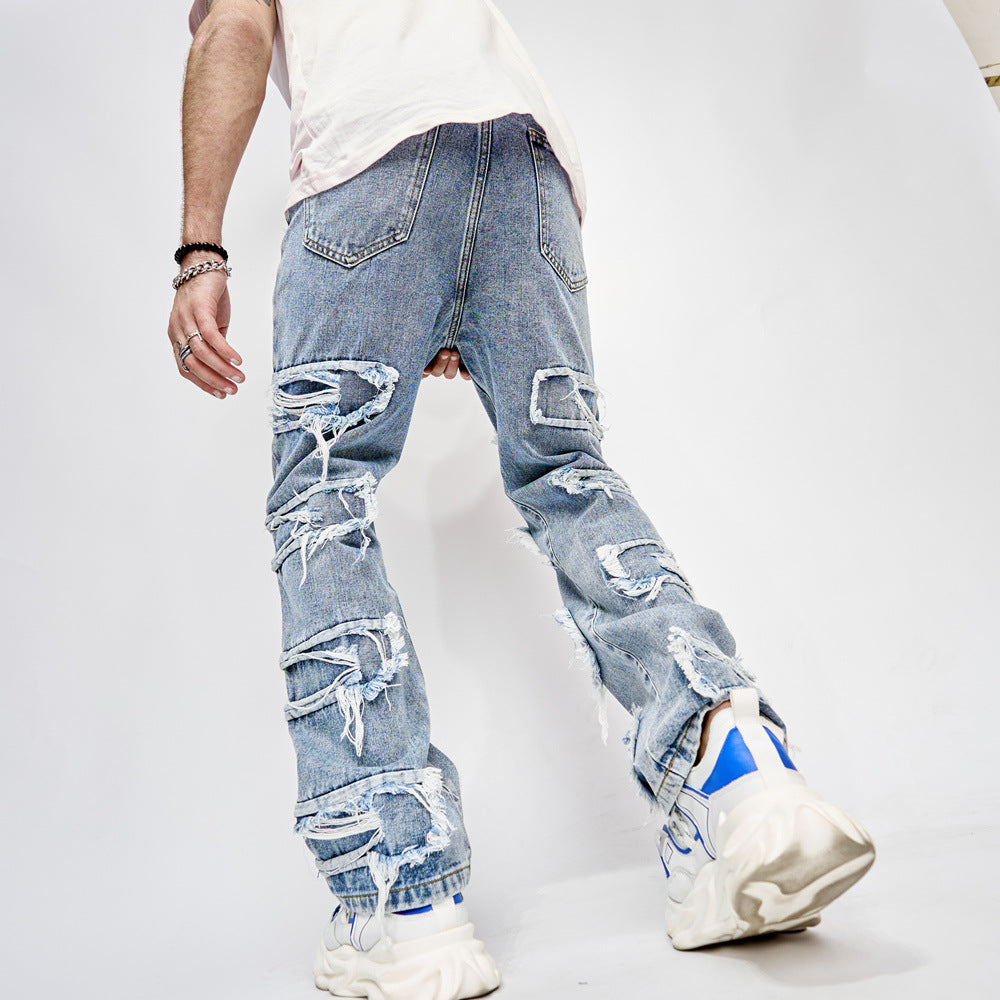 High Street Trouser Man's Pants Full Length Patched Straight Fit Hip Hop Jeans - - Men's Jeans - Carvan Mart