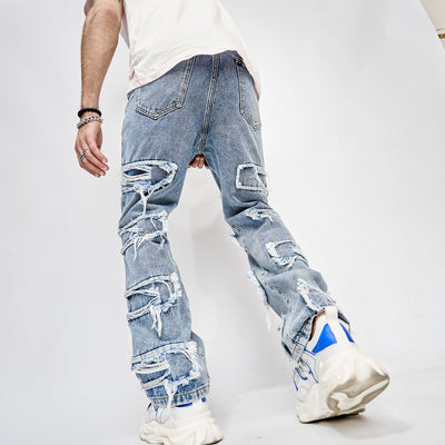High Street Trouser Man's Pants Full Length Patched Straight Fit Hip Hop Jeans - Carvan Mart