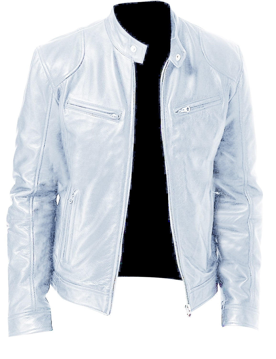 Gentleman's Warm Zipper Cardigan Pocket Decorated Pu Leather Coat - White - Genuine Leather - Carvan Mart