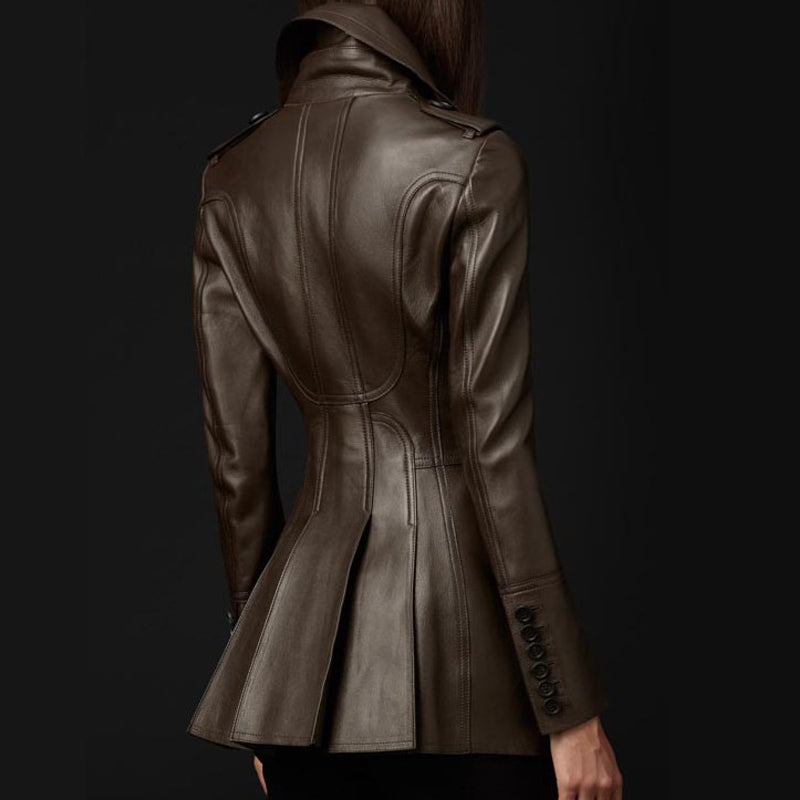 Mid-length Leather Wind Coat Women's Leather Frock Coat Design - Carvan Mart Ltd