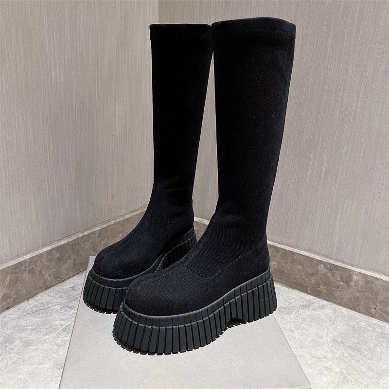 Thick Sole Long Boots Solid Color Fly-woven Elastic Women's Winter Shoes - Carvan Mart Ltd