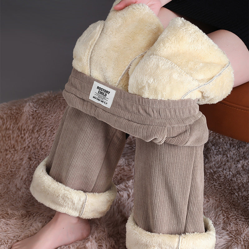 Winter Wide-leg Fleece Trousers Women Warm Straight-leg Casual Lamb Cashmere Pants Loose Sports Sweatpants - Carvan Mart
