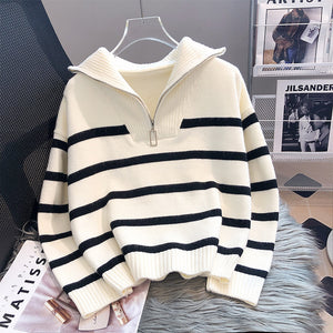 Korean Style Loose Fashion Zipper Striped Sweater - White Free Size - Sweaters - Carvan Mart