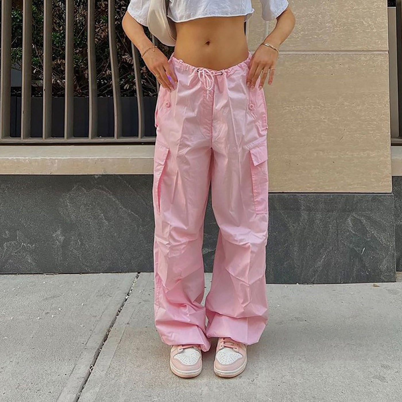 Women's Cargo Pants with Drawstring and Pockets - Fashionable High-Waisted Street Trousers - Pink - Pants & Capris - Carvan Mart