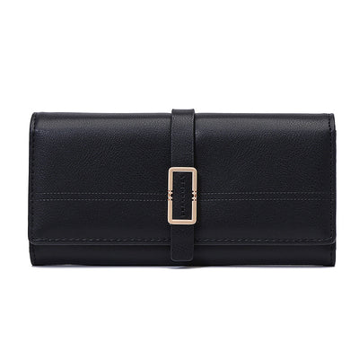 Long Metal Buckle Simple Tri-fold Clutch - Black - Women's Wallet - Carvan Mart