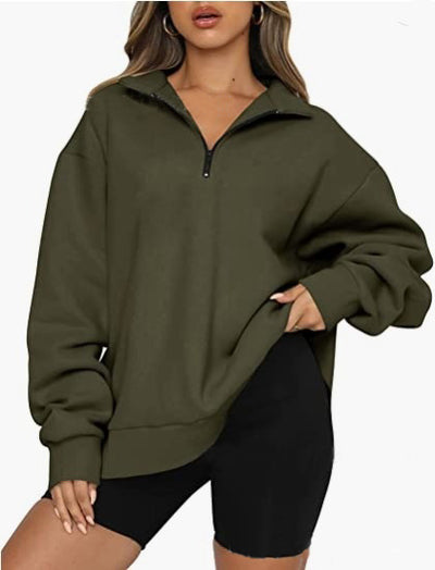 Women Sweatshirts Zip Turndown Collar Loose Casual Tops Clothes - Carvan Mart