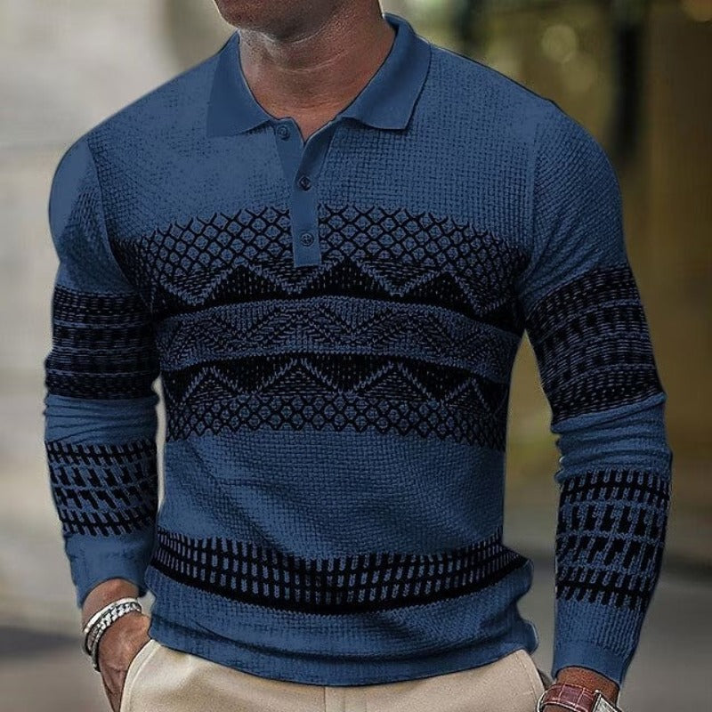 Men's Long Sleeve Polo Shirt - Stylish Geometric Knit Design for Casual and Sports Wear - Blue - Men's Shirts - Carvan Mart