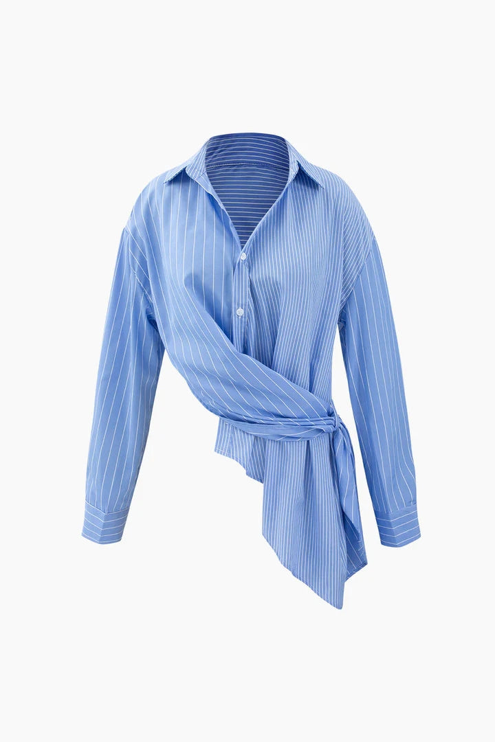 Casual Temperament Sweet Women's Irregular Strap Belt Stitching Striped Shirt - Blue - Blouses & Shirts - Carvan Mart