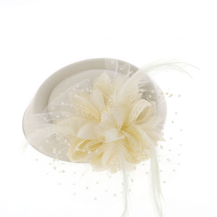 Vintage Woolen Hat Pearl Feather Flower Fascinator Hat - Yellow - Women's Hats & Caps - Carvan Mart