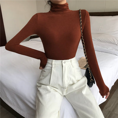 Slim Solid Color Bottom Shirt Women's Top - Caramel colour One size - Winter Tops - Carvan Mart