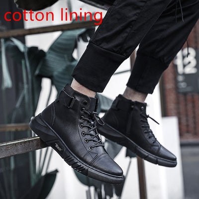 High-top Men's Shoes Martin Plus Cashmere Leather Boots - Black cotton lining - Men's Boots - Carvan Mart