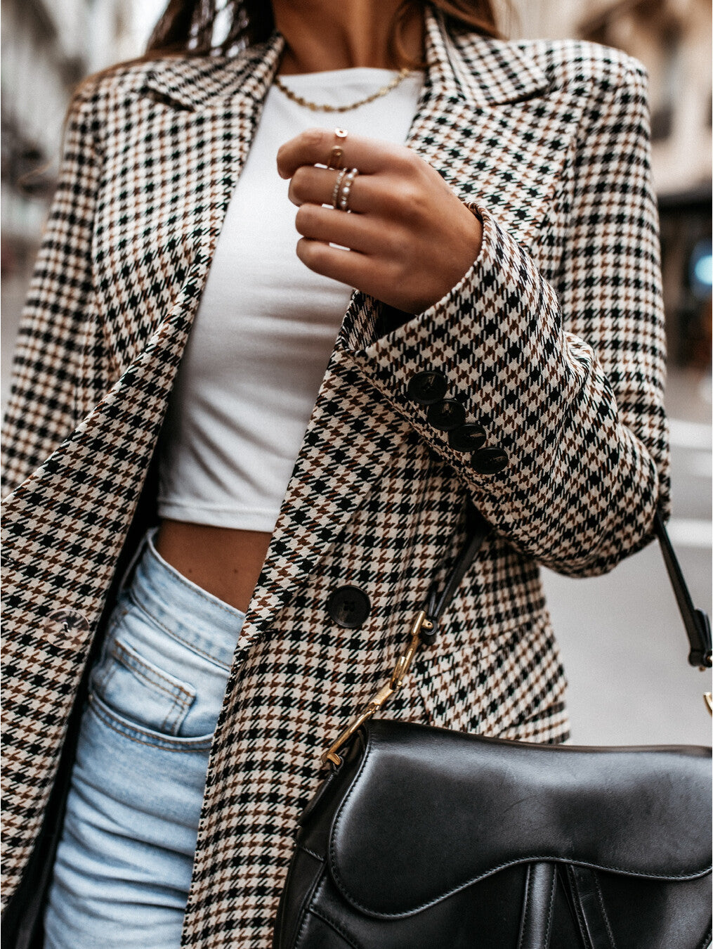 Women's Houndstooth Blazer – Stylish Checkered Jacket for Casual and Formal Wear - - Women's Coats & Jackets - Carvan Mart