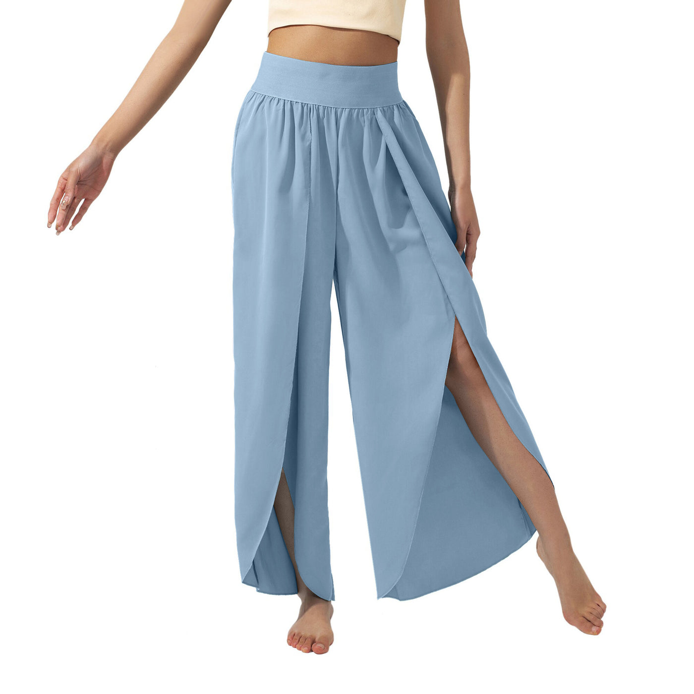 Flowy High-Waisted Split Leg Pants - Beachwear Boho Palazzo in Teal - Light Blue - Pants & Capris - Carvan Mart