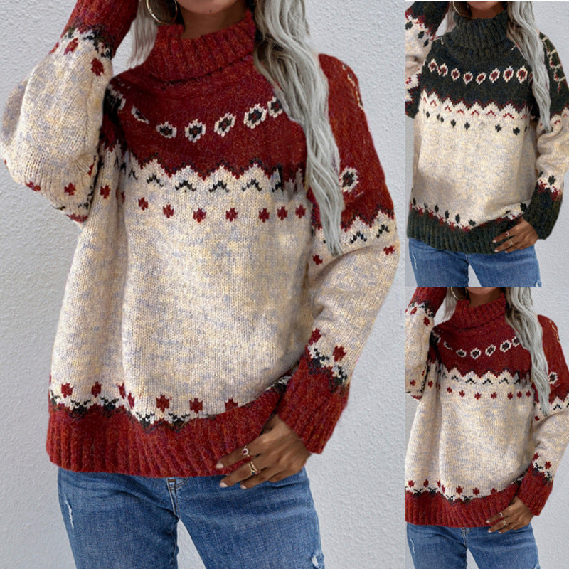 Long Sleeve Jacquard Knitted Thick Sweater - - Sweaters - Carvan Mart