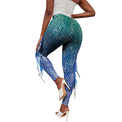 High-Waisted Mermaid Leggings with Fringe Detail - - Pants & Capris - Carvan Mart