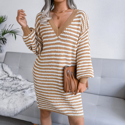 Ins Striped Sweater Dress V-neck Long Sleeve Dress Women - Carvan Mart