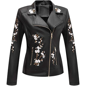 Gulshan Flowers Embroidery PU Leather Jacket Women - BLACK2 - Leather & Suede - Carvan Mart