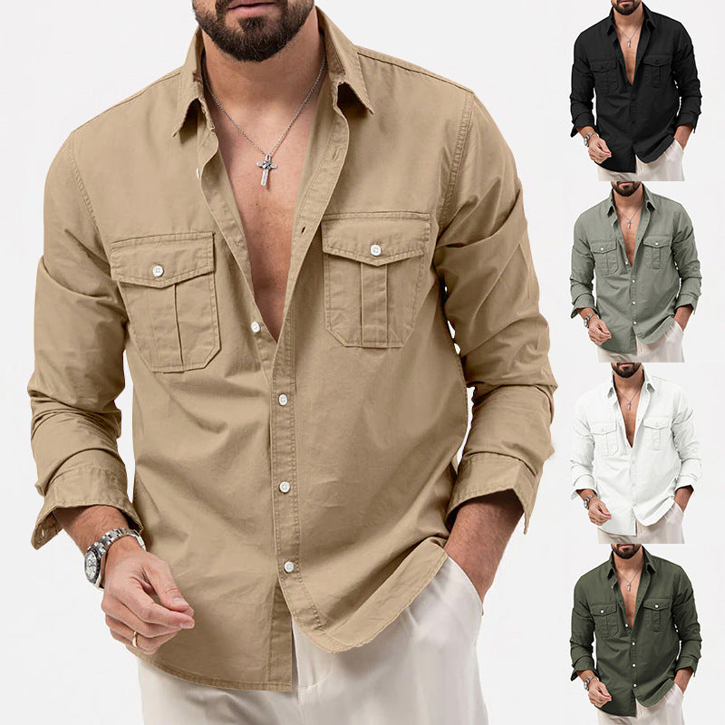 Men's Multi-pocket Solid Color Casual Long Sleeve Shirt - Versatile Lapel Cardigan - - Men's Shirts - Carvan Mart